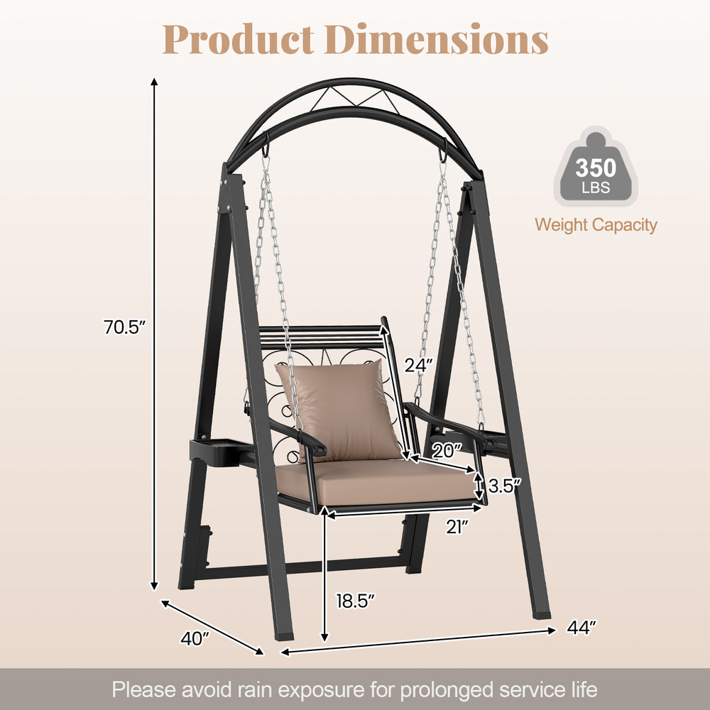Outdoor porch swing with removable cushions, side tables, and sturdy metal frame, designed for garden and balcony use.