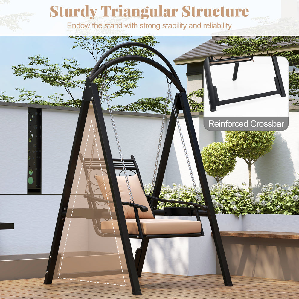 Outdoor porch swing with removable cushions, sturdy triangular structure, and side tables for garden relaxation.