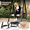 Outdoor porch swing with removable cushions, curved armrests, and side tables, designed for garden relaxation.