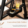 Side table of the black outdoor porch swing, featuring a phone holder and drink space for convenient relaxation.