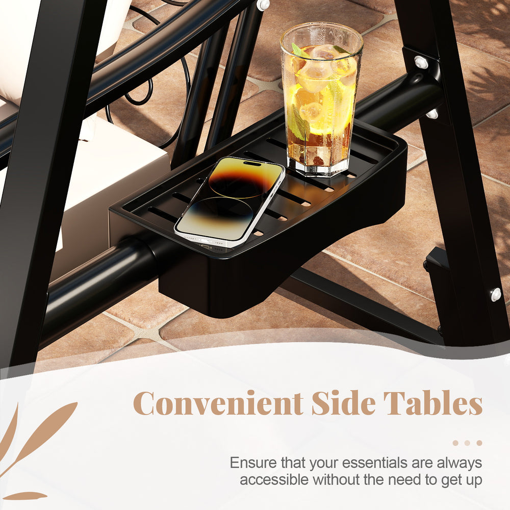 Side table of the black outdoor porch swing, featuring a phone holder and drink space for convenient relaxation.