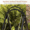Stylish arched metal frame of the outdoor porch swing with removable cushions, perfect for garden relaxation.