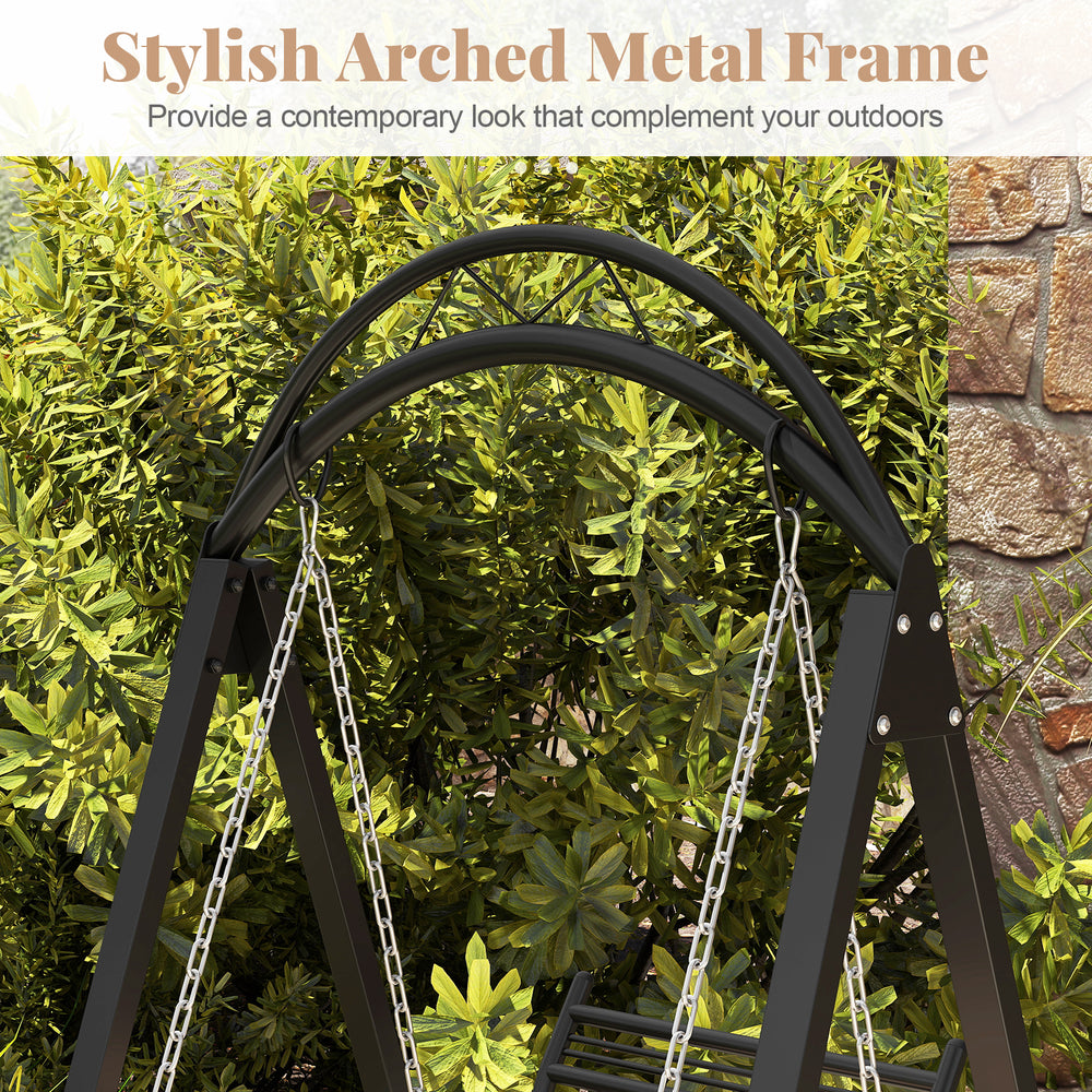 Stylish arched metal frame of the outdoor porch swing with removable cushions, perfect for garden relaxation.