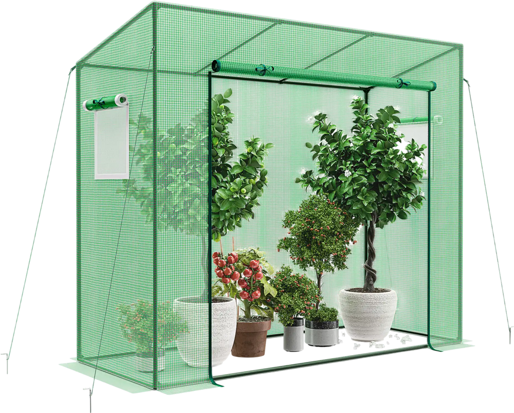 Interior view of the outdoor portable walk-in greenhouse showcasing potted plants and the spacious layout for.