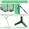 Windproof features of the outdoor greenhouse include ground stakes, wind ropes, and overlong covers for stability.
