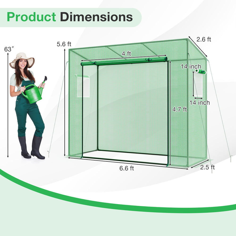 Outdoor portable walk-in greenhouse with PE cover, heavy-duty metal frame, and roll-up zipper door for plant protection.
