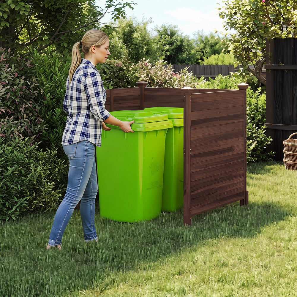 Outdoor privacy fence made of fir wood, ideal for concealing trash cans and AC units in the backyard.