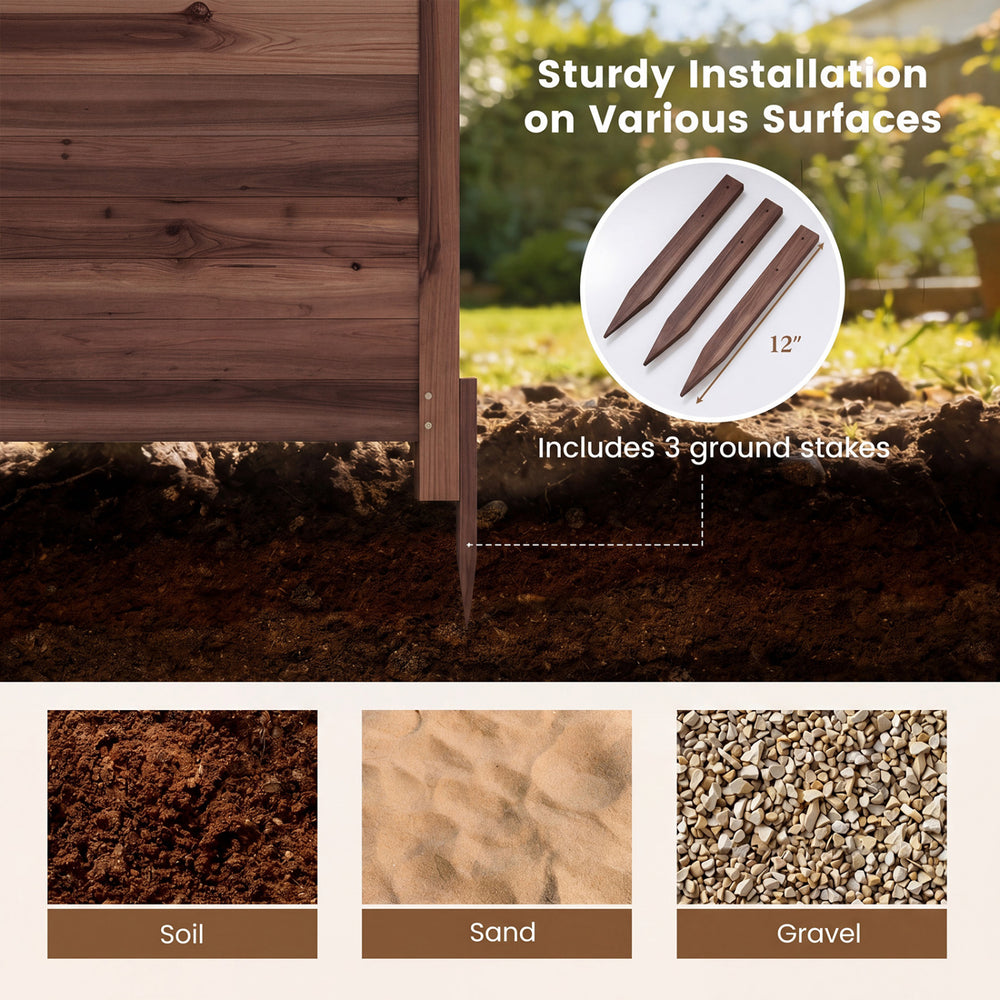 Outdoor privacy air conditioner fence made of fir wood, includes 3 stakes for sturdy installation on soil, sand, or gravel.
