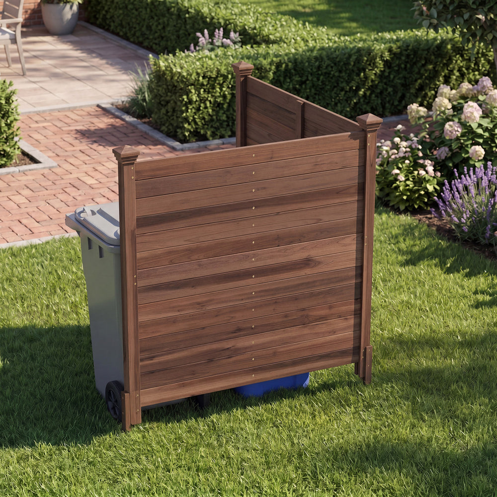 Outdoor privacy fence made of fir wood, designed to conceal trash cans and AC units with a rustic brown finish.