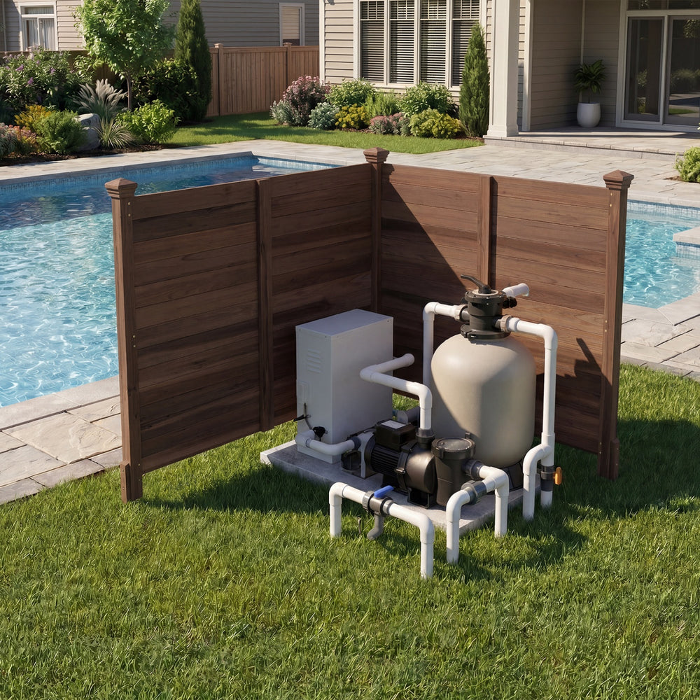 Outdoor privacy air conditioner fence in brown, made of fir wood, ideal for concealing AC units and pool equipment.
