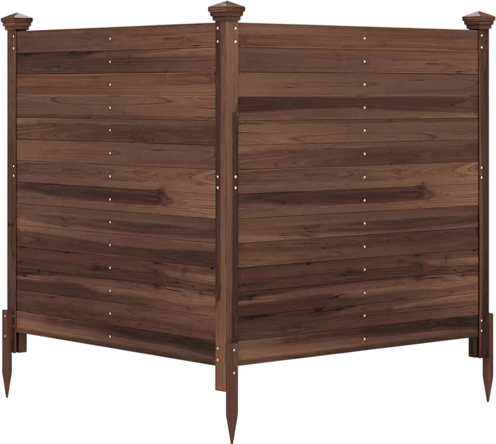 Outdoor privacy air conditioner fence made of fir wood, featuring a rustic brown finish for concealing outdoor equipment.