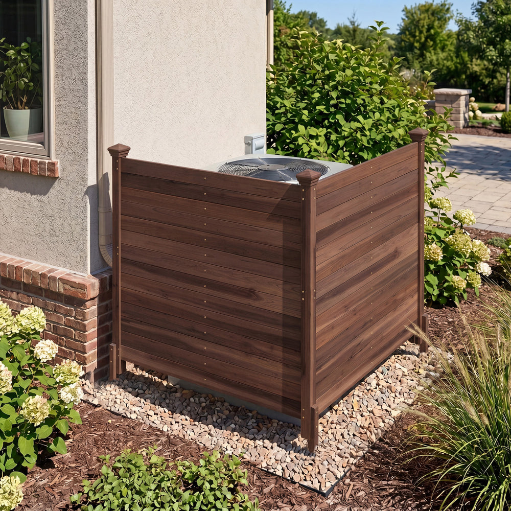 Outdoor privacy air conditioner fence made of fir wood, featuring a brown finish and ideal for concealing outdoor equipment.