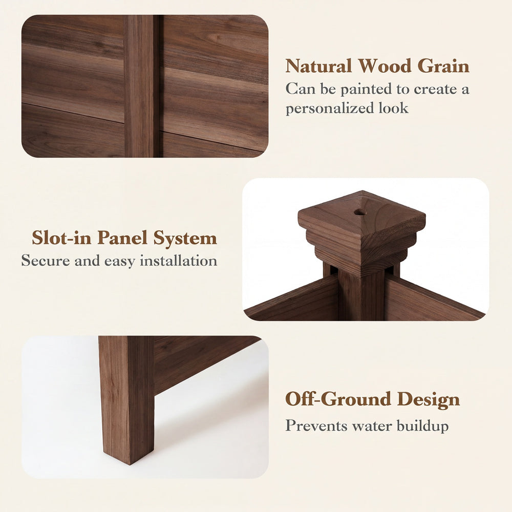 Outdoor privacy air conditioner fence in brown, made of fir wood with natural grain, designed to conceal equipment and prevent water buildup.