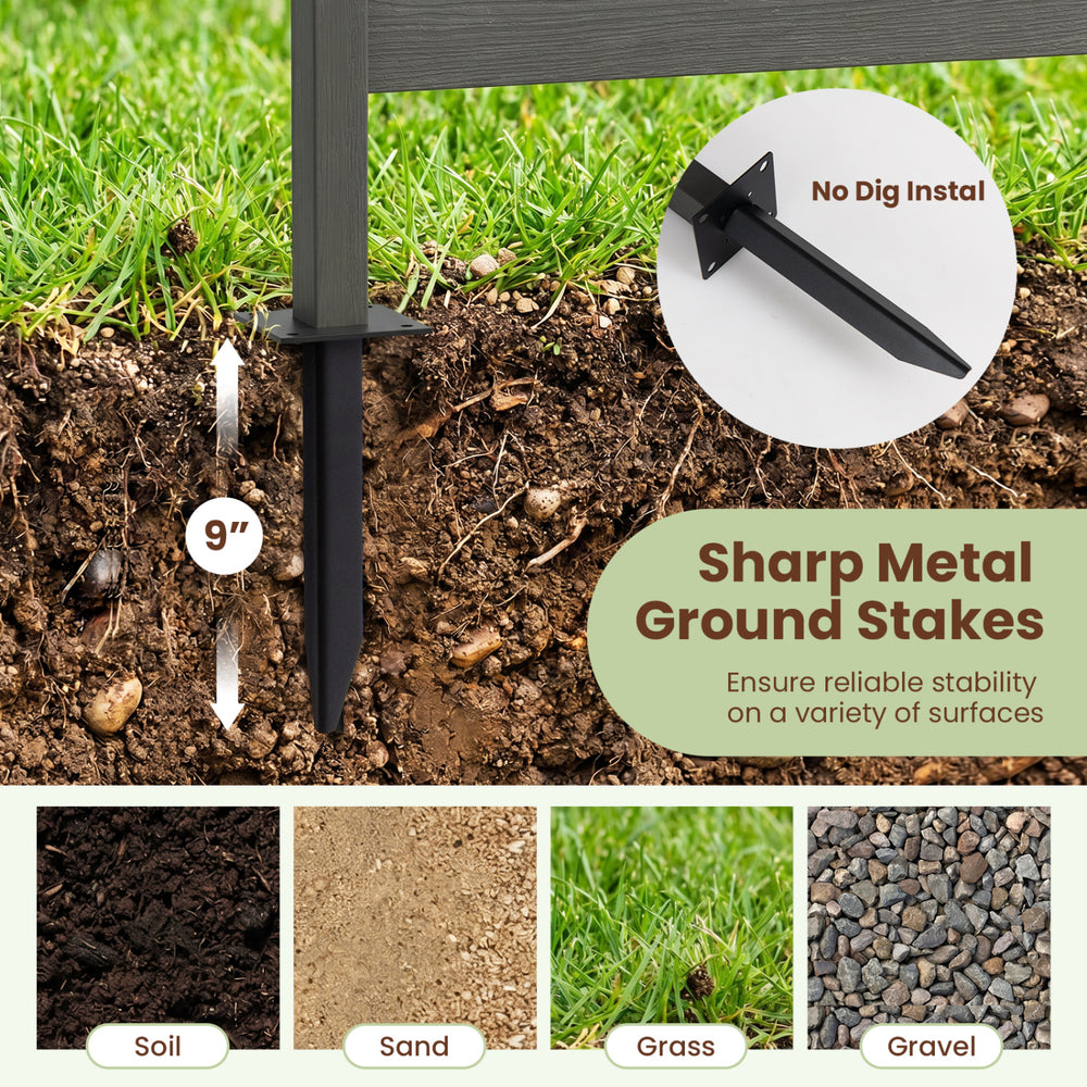Sharp metal ground stakes ensure reliable stability for the gray outdoor privacy screen fence on various surfaces.