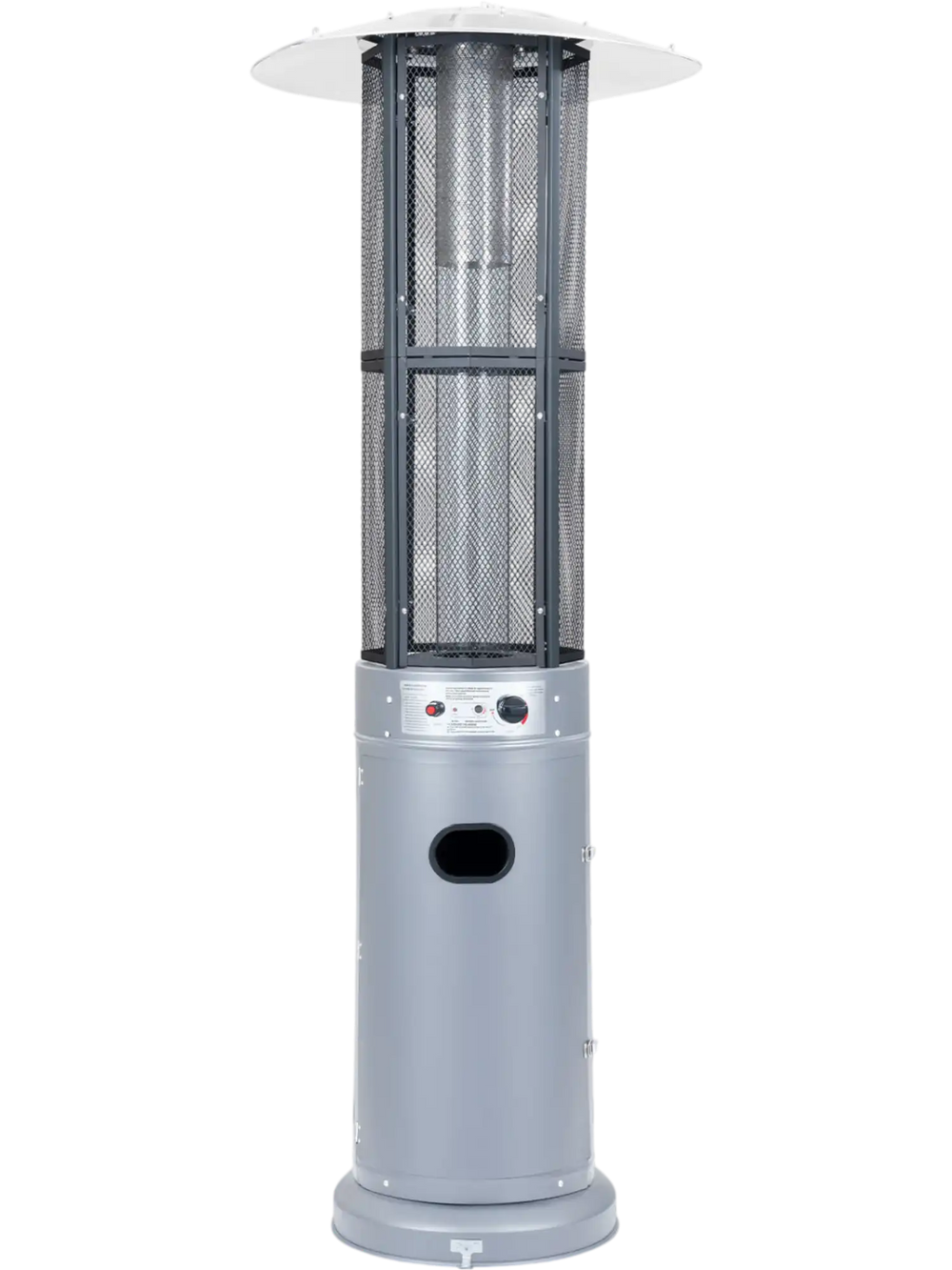 Outdoor propane patio heater in gray with glass tube, 34,000 BTU output, and tilt-over protection for safe outdoor warmth.