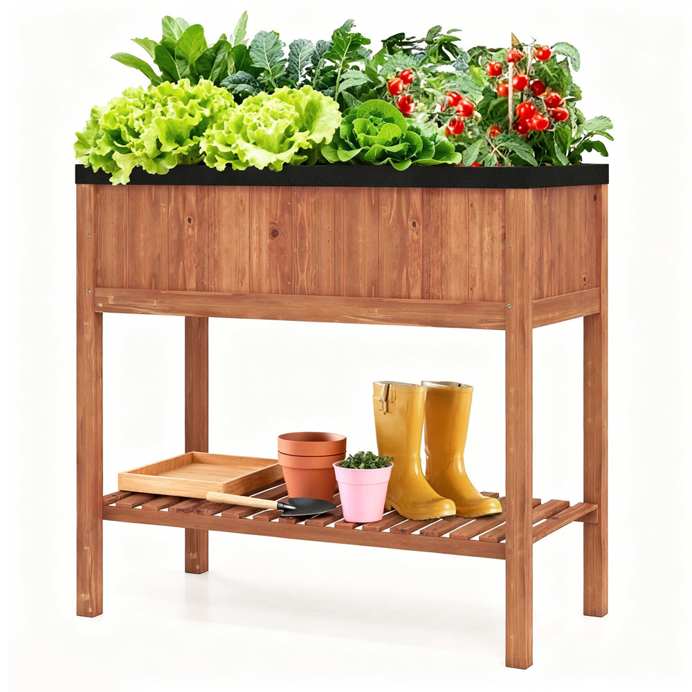 Outdoor raised garden bed made of fir wood, featuring a bottom storage shelf and protective liner, ideal for planting.