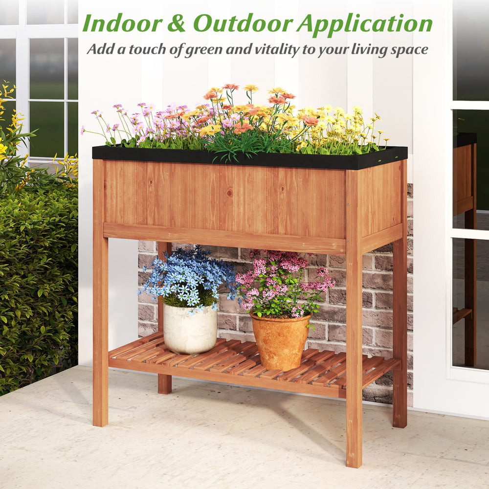 Outdoor raised garden bed made of fir wood with bottom storage shelf, perfect for planting herbs and flowers.