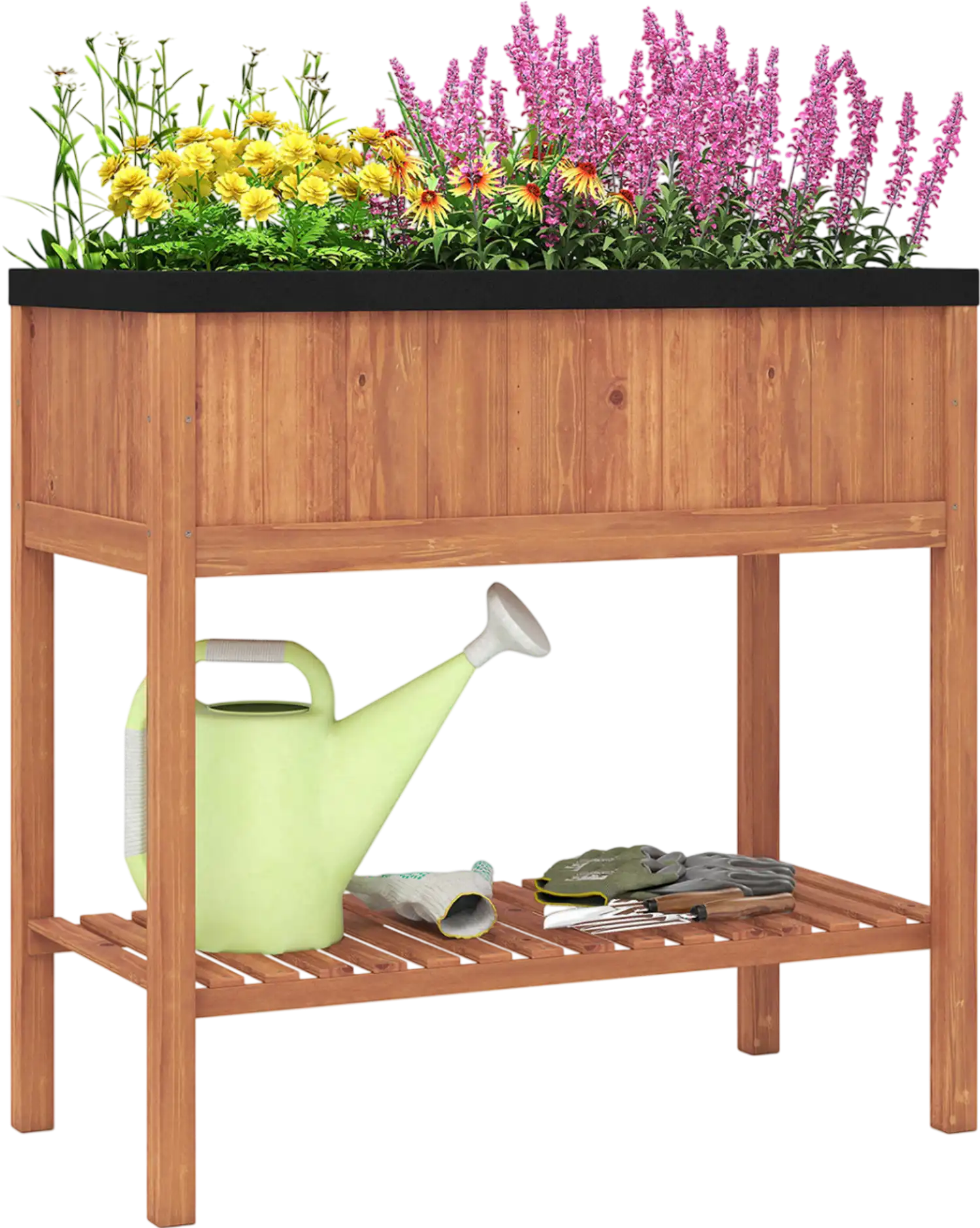 Costway Outdoor Raised Garden Bed Fir Wood Planter Box w/ Storage Shelf Protective Liner 57689341 New