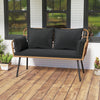 Outdoor rattan 2-seat chair with black cushions and heavy-duty metal legs, perfect for comfortable patio seating.