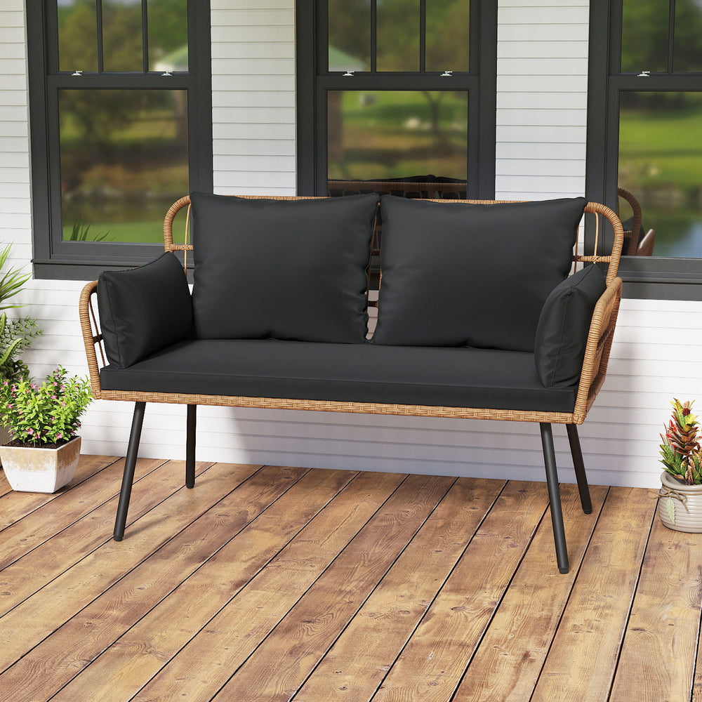 Outdoor Rattan 2-Seat Chair with Seat Back Cushions and Heavy-Duty Metal Legs-Black - Gallery View 1 of 9