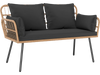 Outdoor rattan 2-seat chair with black cushions, ergonomic design, and heavy-duty metal legs for comfortable seating.