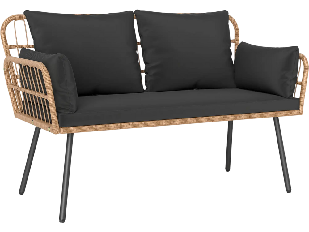 Outdoor rattan 2-seat chair with black cushions, ergonomic design, and heavy-duty metal legs for comfortable seating.