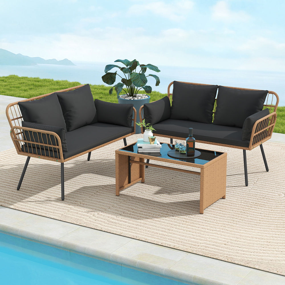 Outdoor rattan 2-seat chair with black cushions, featuring a sturdy metal frame and ergonomic design for patio.