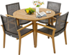 Set of 4 outdoor rattan chairs with acacia wood frame, featuring a curved seat design, perfect for backyard dining.