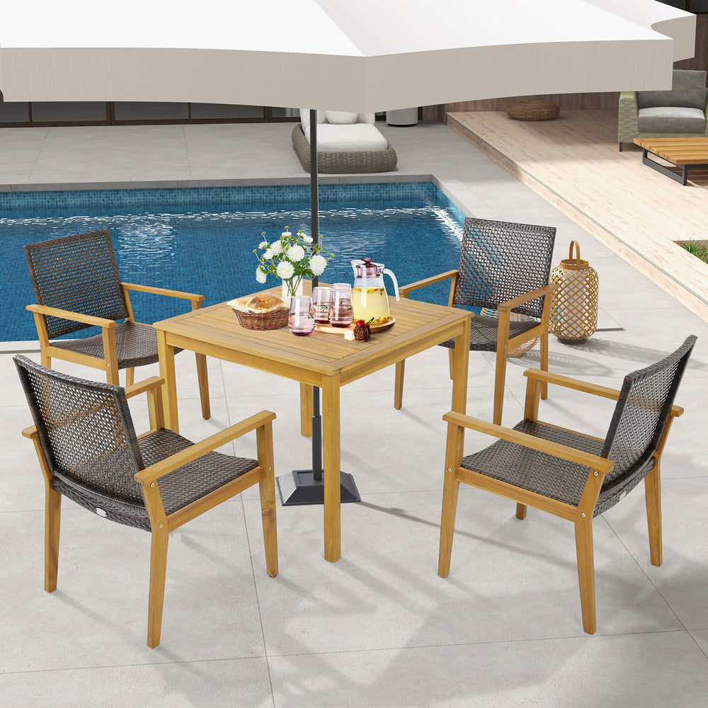 Set of 4 outdoor rattan chairs with acacia wood frame, perfect for poolside relaxation and backyard gatherings.