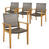 Set of 4 outdoor rattan chairs with acacia wood frames, featuring a breathable design for backyard or poolside use.