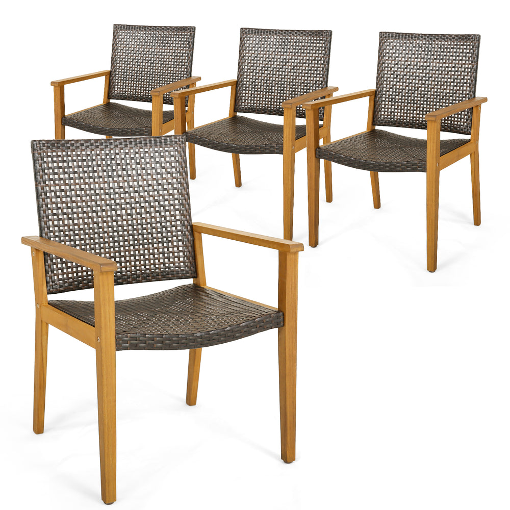 Set of 4 outdoor rattan chairs with acacia wood frames, featuring a breathable design for backyard or poolside use.