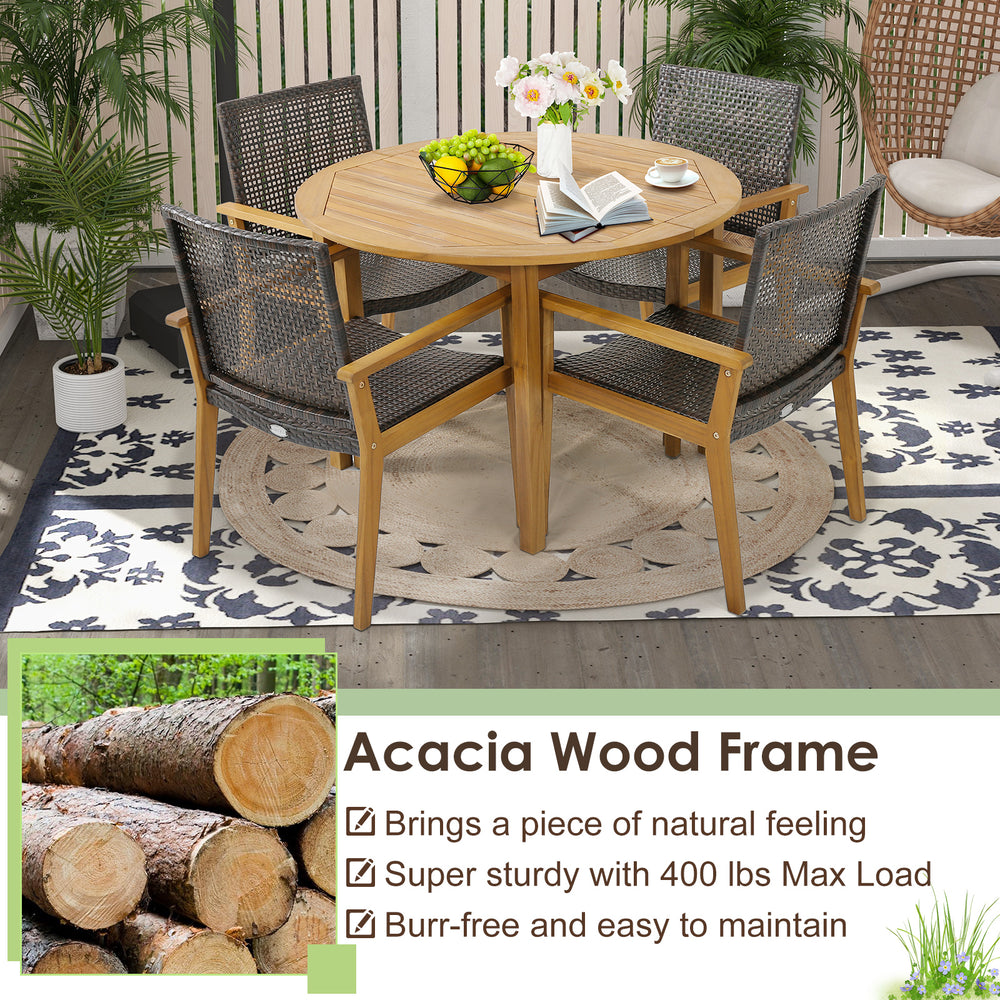 Set of 4 outdoor rattan chairs with acacia wood frame, featuring breathable design and 400 lbs max load, perfect for.