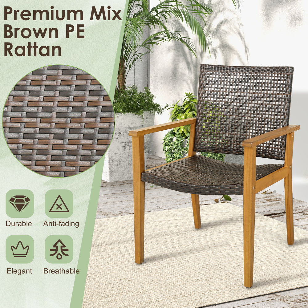 Brown PE rattan chair with acacia wood frame, featuring a breathable design, perfect for outdoor use.