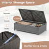 Storage ottoman with 31-gallon capacity, made of gray PE rattan, ideal for blankets and snacks in outdoor spaces.