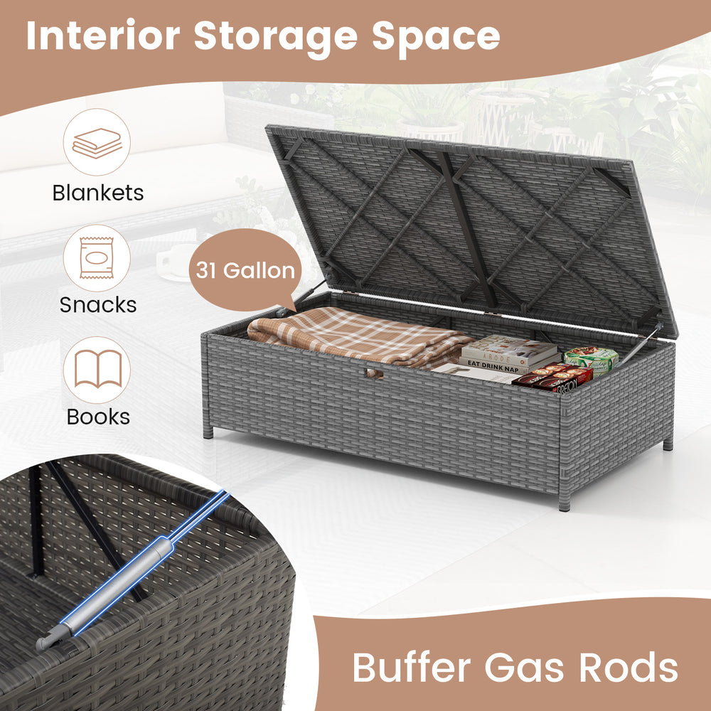 Storage ottoman with 31-gallon capacity, made of gray PE rattan, ideal for blankets and snacks in outdoor spaces.