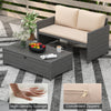Close-up of the beige cushion on the outdoor rattan loveseat, featuring zippered covers for easy maintenance and.