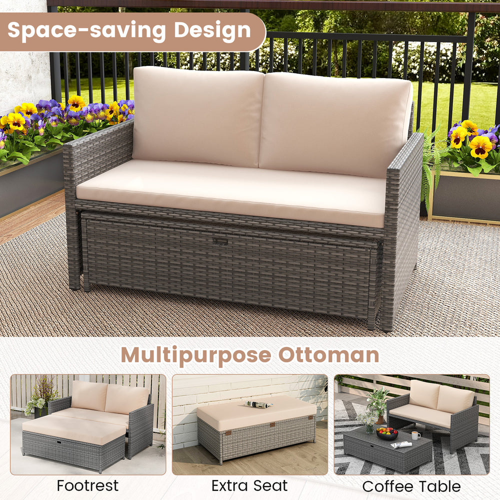 Multipurpose ottoman under the outdoor rattan loveseat, serving as extra seating or storage with a sleek gray finish.