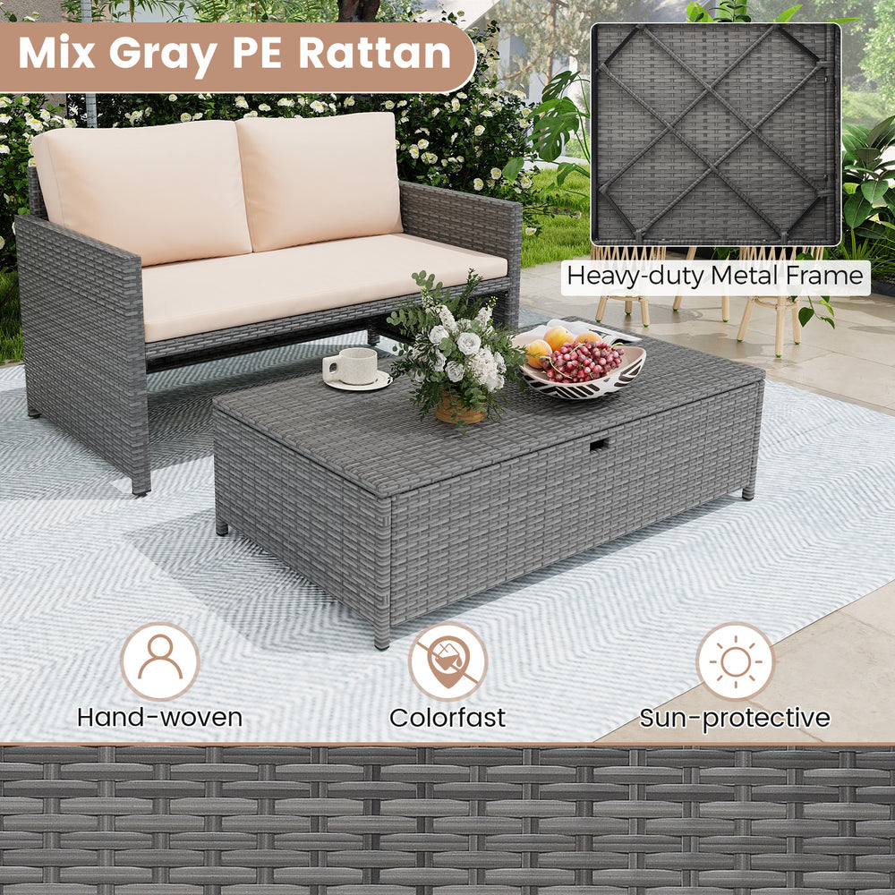 Outdoor rattan loveseat with mixed gray PE rattan, includes cushions and a 31-gallon storage ottoman for versatile use.
