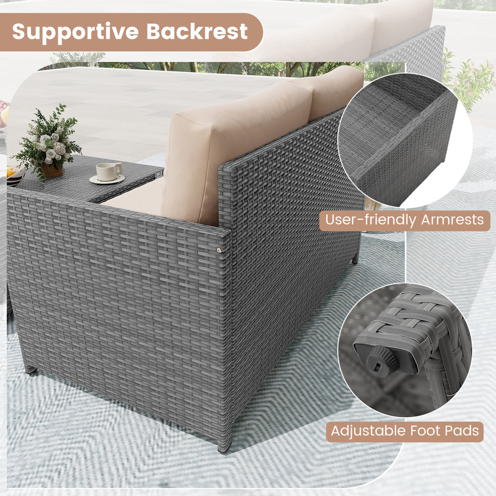 Loveseat back view showcasing premium gray PE rattan, supportive backrest, and adjustable footpads for stability.