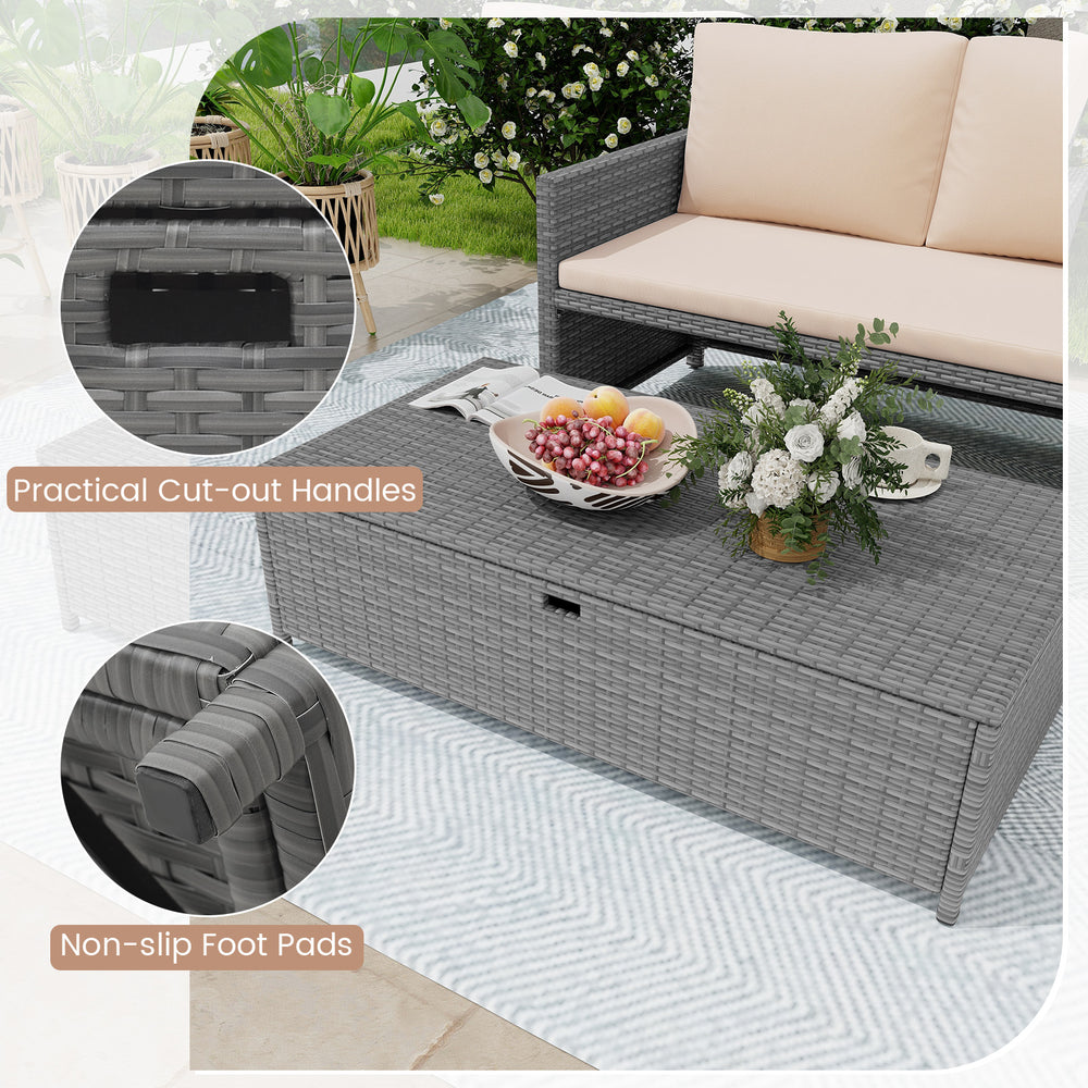 Gray PE rattan storage ottoman with non-slip foot pads and practical cut-out handles, ideal for outdoor spaces.