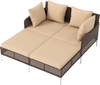 Outdoor rattan double daybed with beige cushions, perfect for poolside relaxation and designed for two people.