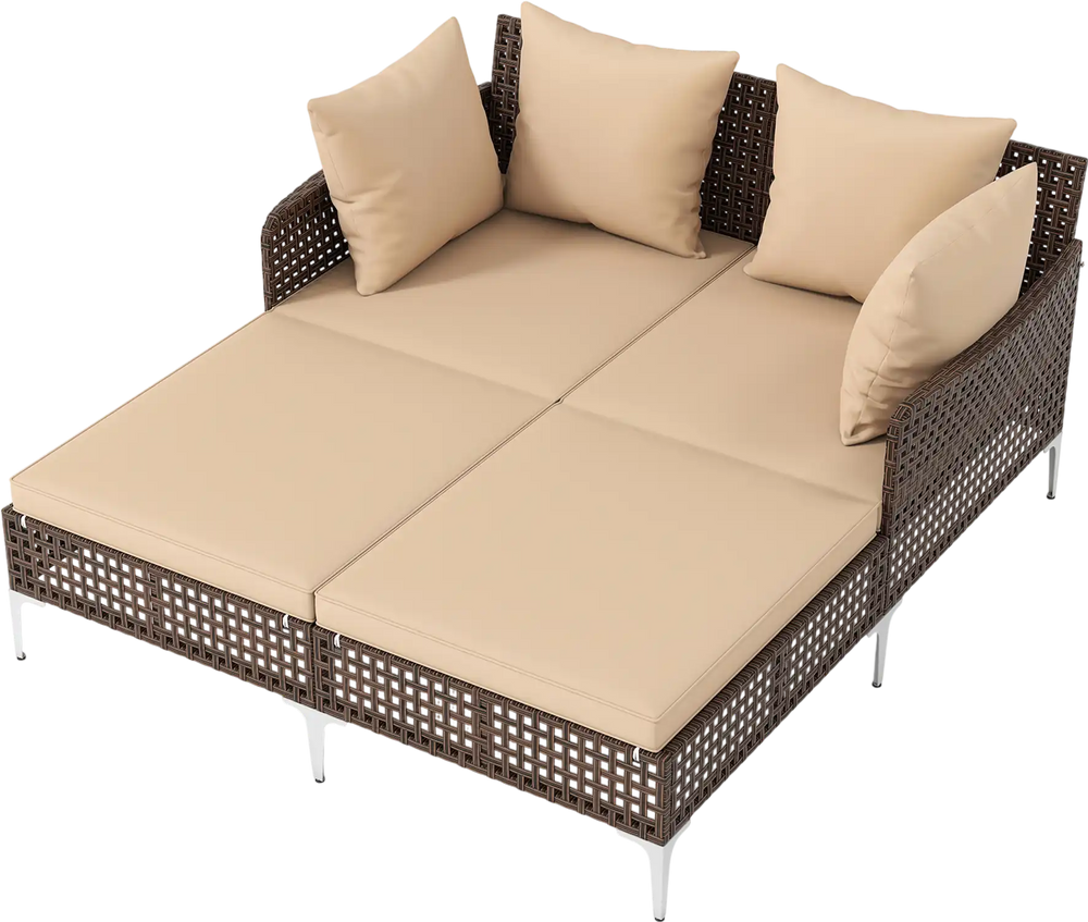Outdoor rattan double daybed with beige cushions, perfect for poolside relaxation and designed for two people.