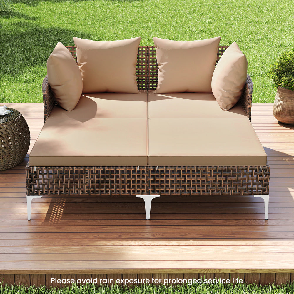 Outdoor rattan double daybed with brown cushions, featuring a sturdy metal frame, ideal for poolside relaxation.