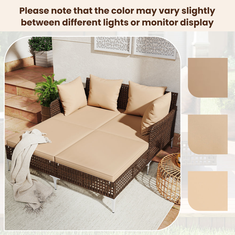 Outdoor rattan double daybed with brown cushions, featuring comfy armrests and a sturdy metal frame for poolside.