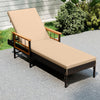 Outdoor reclining lounger chair with beige cushion, adjustable backrest, and elegant hand-woven PE rattan for patio.