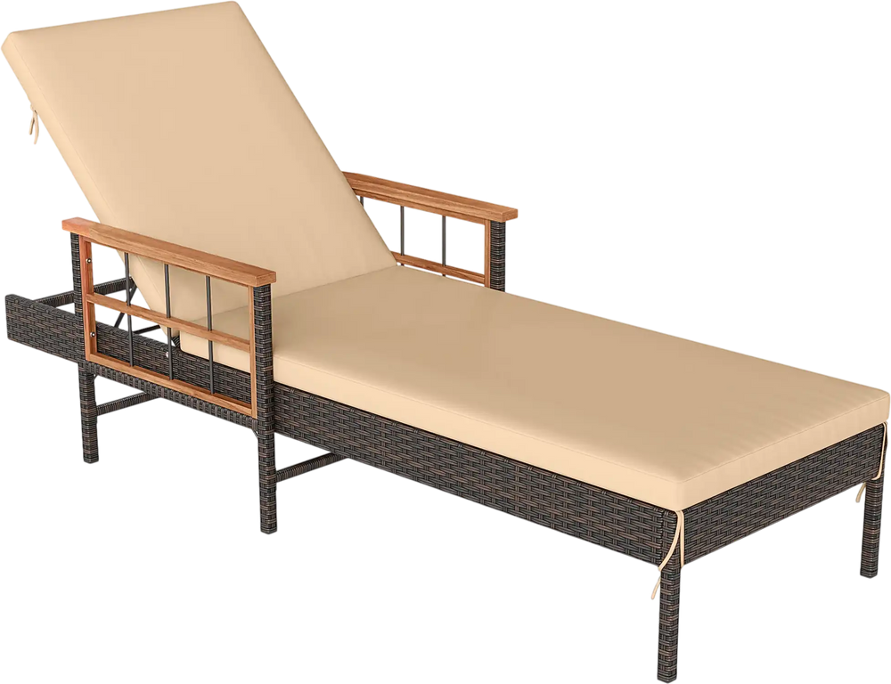 Outdoor reclining lounger chair with beige cushion, adjustable backrest, and hand-woven PE rattan for patio comfort.