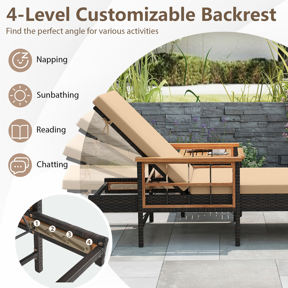 Outdoor reclining lounger chair with 4-level adjustable backrest, beige cushions, and hand-woven PE rattan for comfort.