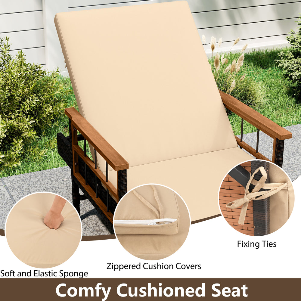 Outdoor reclining lounger chair with beige soft sponge cushions, adjustable backrest, and hand-woven PE rattan for.
