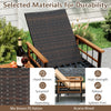Outdoor reclining lounger chair with beige cushions, hand-woven PE rattan, and acacia wood armrests for durable comfort.