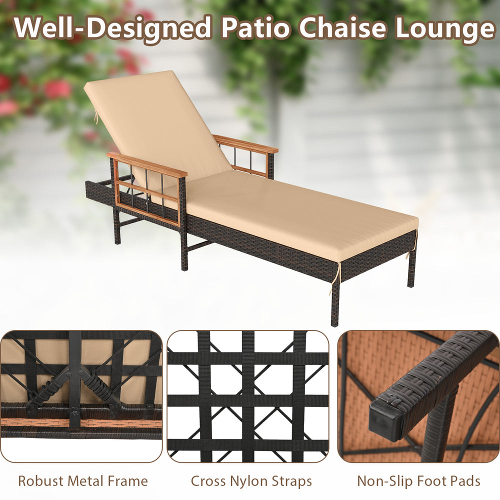 Beige outdoor reclining lounger chair with adjustable backrest, PE rattan, and acacia wood armrests for patio comfort.